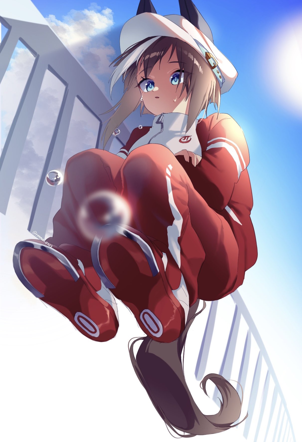 1girl animal_ears blue_eyes brown_hair cheval_grand_(umamusume) clouds day fence from_below full_body hat highres horse_ears horse_girl horse_tail jacket long_hair long_sleeves multicolored_hair open_mouth outdoors pants red_footwear red_pants renma_(renma_0503) shadow shoes sneakers solo squatting streaked_hair sun sweat tail track_jacket track_suit umamusume white_headwear