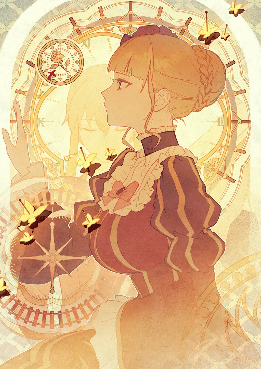 aluce beatrice_(umineko) blonde_hair blunt_bangs bow braid braided_bun brown_dress bug butterfly choker clock collarbone compass_rose dress flower french_braid frilled_dress frilled_sleeves frills from_side gold_trim hair_bun hair_ornament hand_up highres insect_pin juliet_sleeves long_sleeves patterned_background pinned profile puffy_sleeves railroad_tracks rose sidelocks single_hair_bun striped striped_dress umineko_no_naku_koro_ni vertical-striped_dress vertical_stripes wide_sleeves