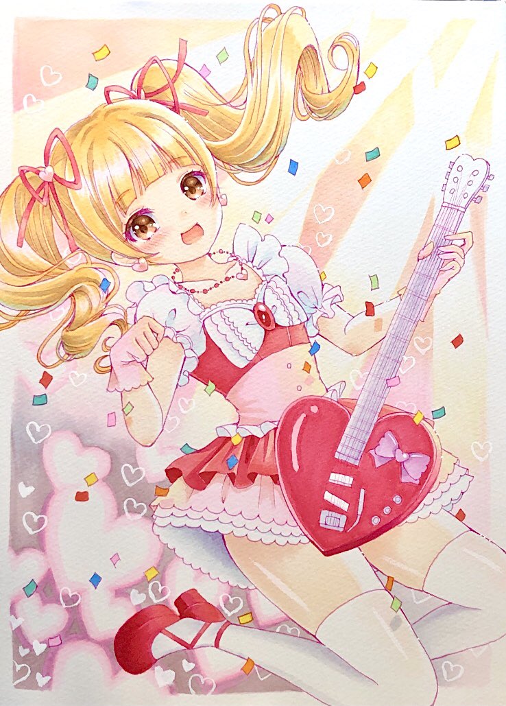 1girl aisaki_emiru blonde_hair blunt_bangs blush bow commentary_request confetti dress earrings frills gloves guitar heart heart_earrings holding holding_guitar holding_instrument hugtto!_precure instrument jewelry lilylily0601 looking_at_viewer magical_girl open_mouth orange_eyes pink_gloves precure puffy_sleeves red_bow red_footwear red_ribbon ribbon short_sleeves smile solo thigh-highs twintails