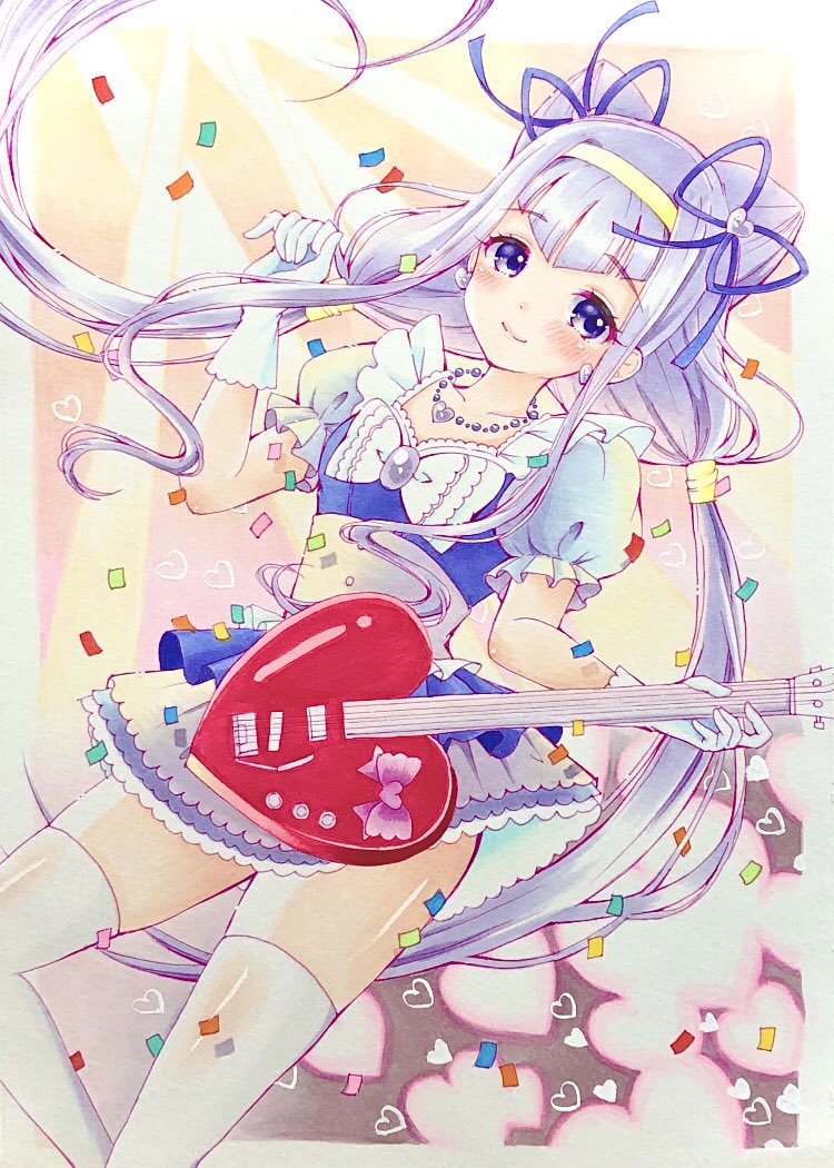 1girl arm_up blush bow closed_mouth commentary_request cone_hair_bun confetti dress earrings gloves guitar hair_bun hairband heart holding holding_guitar holding_instrument hugtto!_precure instrument jewelry lilylily0601 long_hair looking_at_viewer low_twintails magical_girl marker_(medium) precure purple_bow purple_hair ruru_amour smile solo thigh-highs traditional_media twintails violet_eyes white_thighhighs