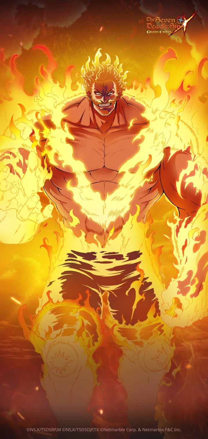 1boy commentary company_name copyright_name copyright_notice element_bending embers english_commentary escanor facial_hair fiery_aura fiery_beard fiery_clothing fiery_hair fire flaming_arm flaming_eyes flaming_hand flaming_head highres looking_at_viewer magic muscular mustache nanatsu_no_taizai_grand_cross official_art official_wallpaper pants pyrokinesis short_hair smile smirk solo