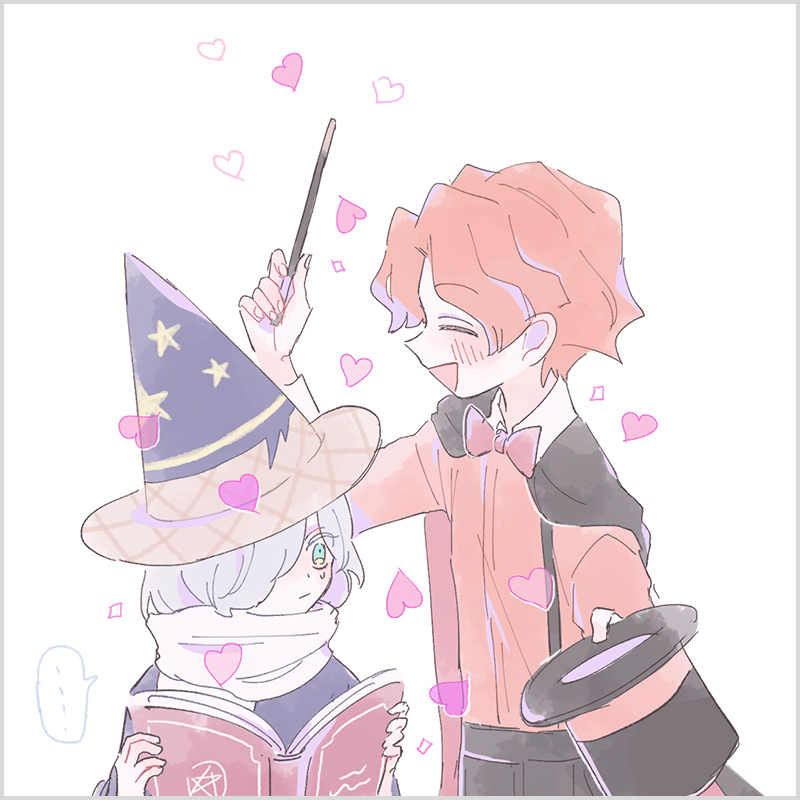 2boys blue_robe book bow bowtie cinnamon_cookie cookie_run from_side hair_over_one_eye happy hat heart holding holding_wand humanization long_sleeves magician mamimumemo multiple_boys open_mouth orange_hair personification reading robe scarf short_hair top_hat wand white_scarf wizard_cookie wizard_hat