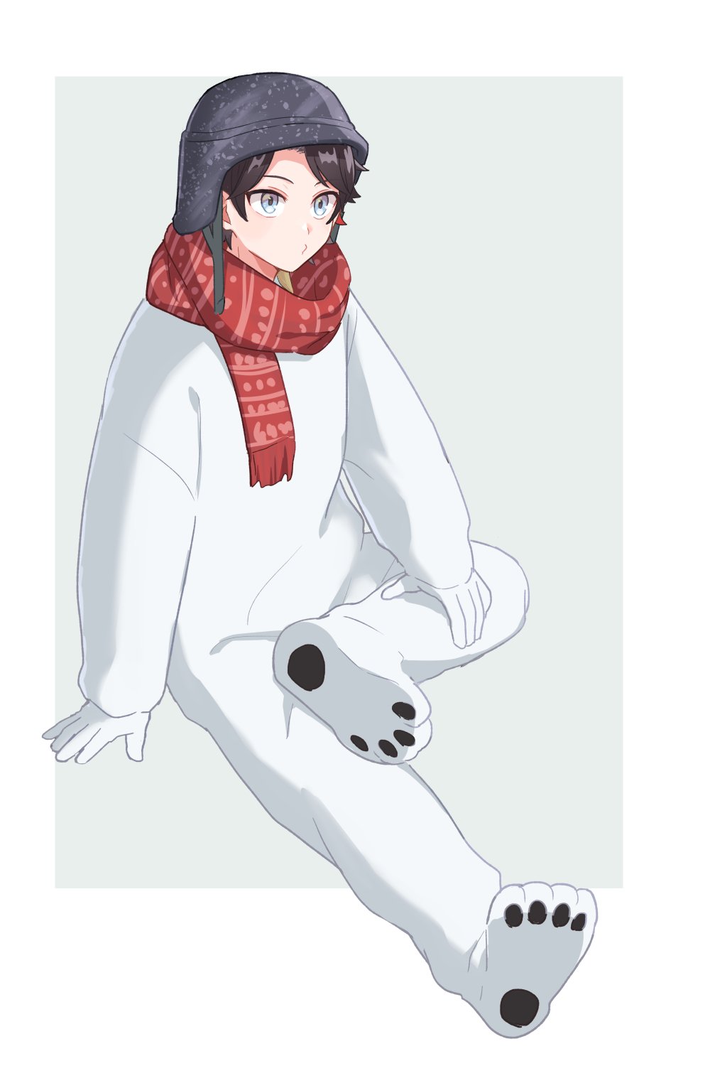 1boy animal_costume bear_costume blue_eyes brown_hair commentary_request crossed_arms hat highres male_focus nijisanji o3o red_scarf saegusa_akina scarf sitting solo sonoda_(mzm) virtual_youtuber