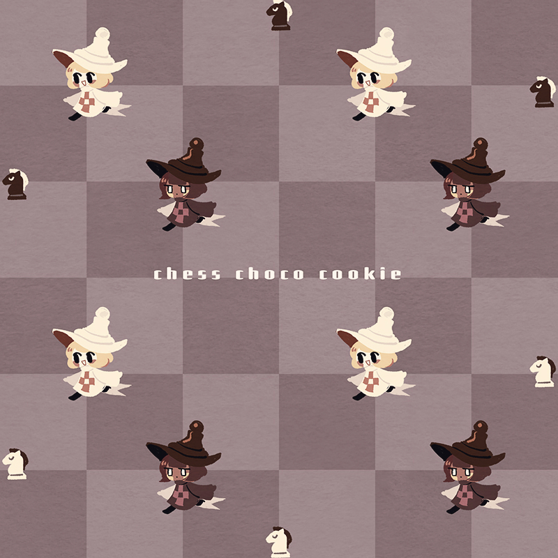 2others androgynous black_footwear blonde_hair bob_cut boots brown_hair brown_headwear cape chess_choco_cookie chess_piece chibi cookie_run dark_skin full_body knight_(chess) looking_at_viewer mamimumemo multiple_others white_cape white_hair white_headwear white_sleeves white_tunic wide_sleeves