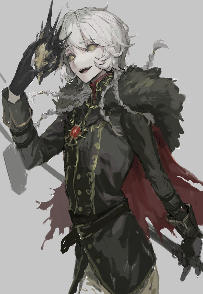 1boy black_fur black_gloves black_pants black_sclera braid cape colored_sclera fur-trimmed_cape fur_trim gloves gradient_background grey_hair hair_between_eyes highres holding holding_mask holding_weapon identity_v ithaqua_(identity_v) ithaqua_(morningstar)_(identity_v) jiz_(pffbq) long_hair looking_at_viewer male_focus mask multiple_braids open_mouth pants sketch smile solo standing upper_body weapon yellow_eyes