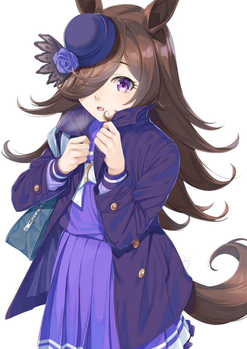 1girl animal_ears bag black_headwear black_jacket blue_flower blue_rose breath brown_hair commentary_request flower frilled_skirt frills hair_over_one_eye hat hat_flower horse_ears horse_girl horse_tail jacket long_hair looking_at_viewer miri_(ago550421) open_clothes open_jacket open_mouth pleated_skirt purple_shirt purple_skirt rice_shower_(umamusume) rose school_bag school_uniform shirt simple_background skirt solo tail tilted_headwear tracen_school_uniform umamusume very_long_hair violet_eyes white_background