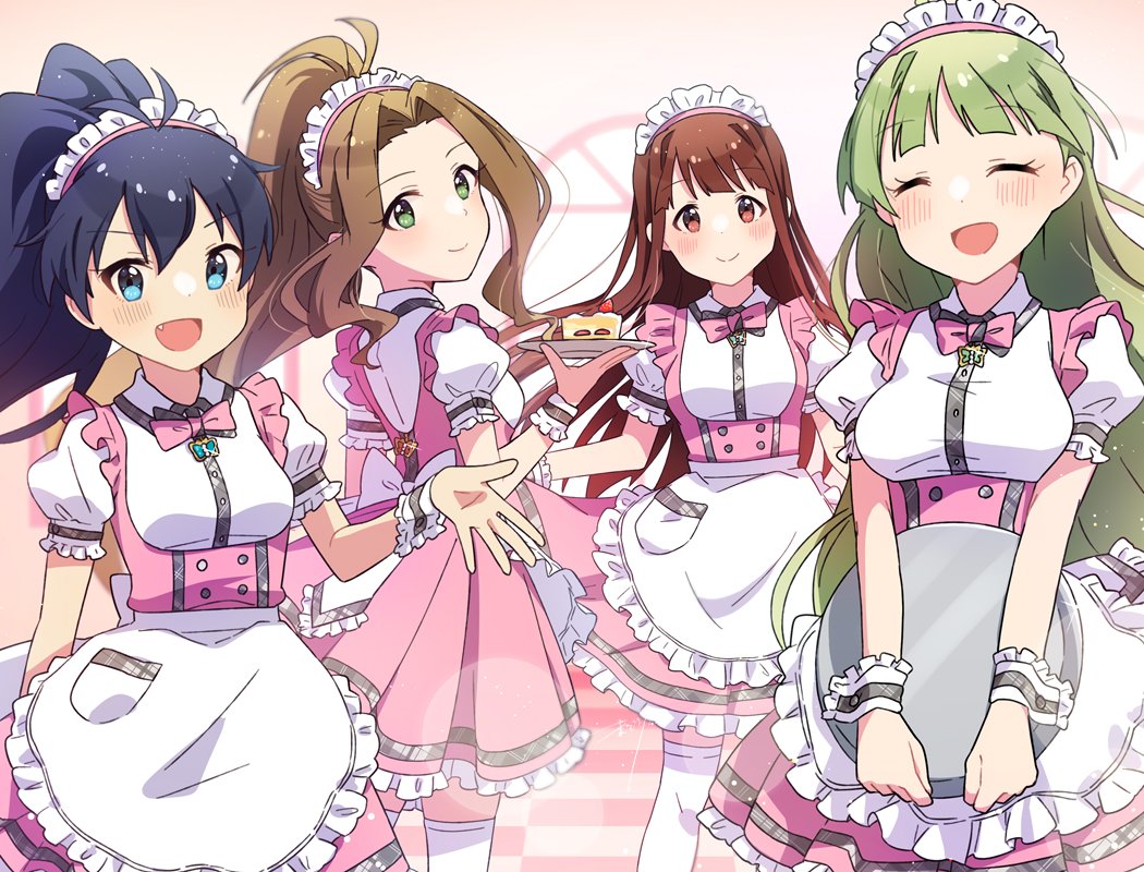 4girls antenna_hair apron black_hair blue_eyes blush bow bowtie breasts brown_eyes brown_hair cake cake_slice closed_eyes commentary dot_nose dress fang food frilled_apron frilled_sleeves frills ganaha_hibiki green_eyes green_hair hair_between_eyes hand_up holding holding_tray idolmaster idolmaster_million_live! idolmaster_million_live!_theater_days koma_tori long_hair looking_at_viewer maid maid_headdress medium_breasts multiple_girls nikaidou_chizuru official_alternate_costume open_mouth parted_bangs pink_background pink_bow pink_bowtie pink_dress ponytail puffy_sleeves shimabara_elena shirt sidelocks skirt_hold smile symbol-only_commentary tanaka_kotoha thigh-highs tray waist_apron wavy_hair white_shirt white_thighhighs wrist_cuffs