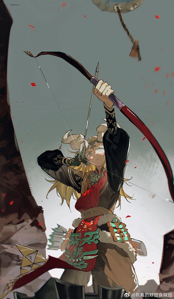 1boy aiming_up akihare arrow_(projectile) blonde_hair bow_(weapon) brown_pants clothing_request gradient_background grey_background holding holding_arrow holding_bow_(weapon) holding_weapon horns link long_hair long_sleeves looking_up male_focus pants quiver solo the_legend_of_zelda the_legend_of_zelda:_tears_of_the_kingdom translation_request weapon