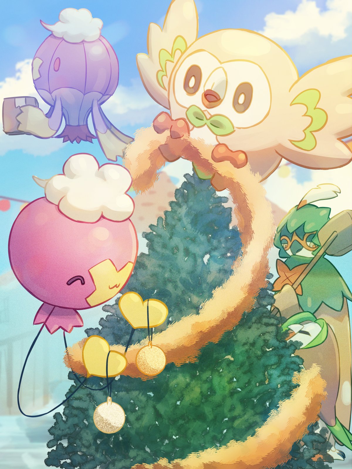 :3 ^_^ bauble closed_eyes clouds commentary_request day decidueye drifblim drifloon evolutionary_line highres mokukitusui no_humans open_mouth outdoors pokemon pokemon_(creature) rowlet sky smile tinsel tongue tree