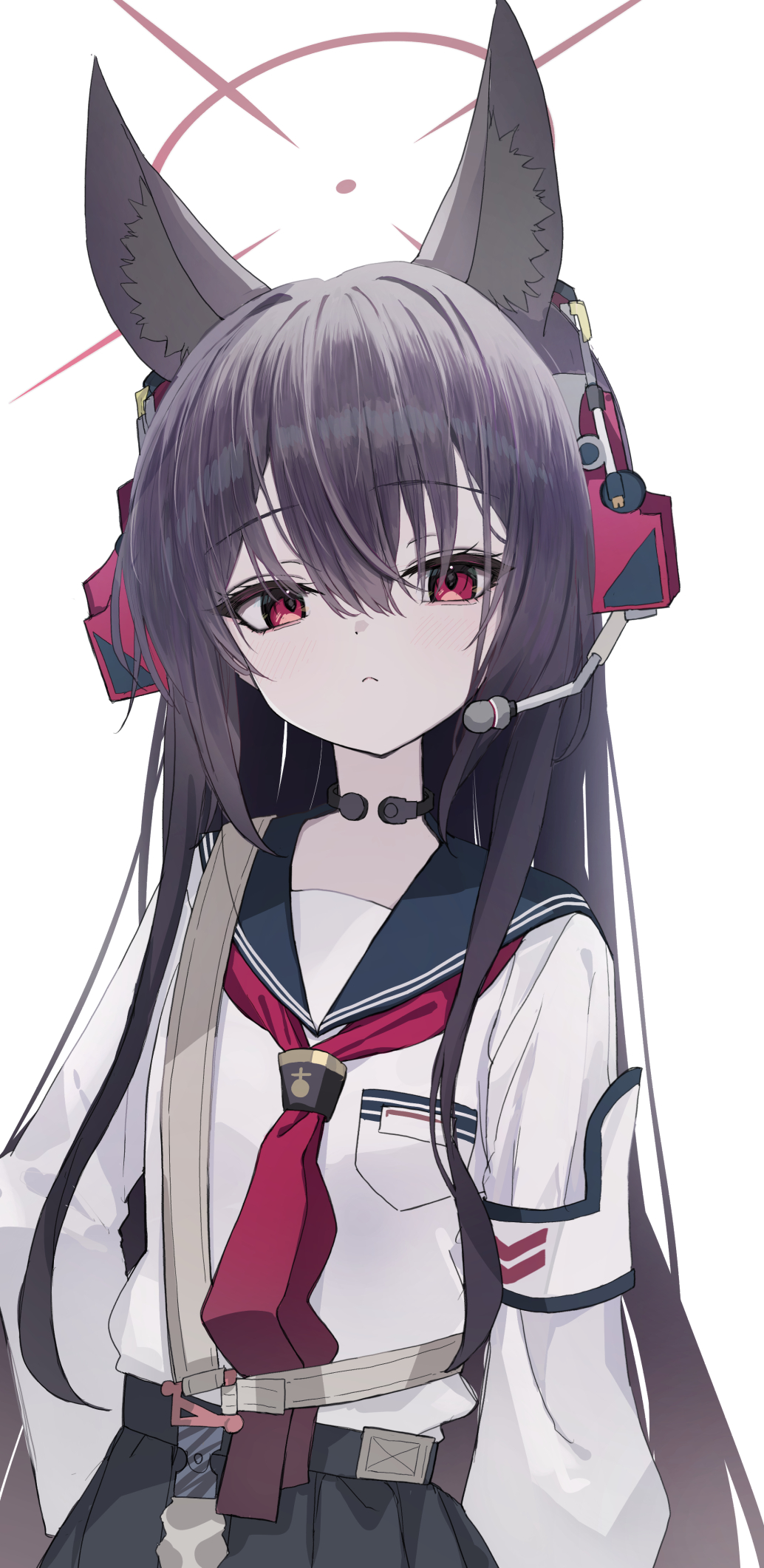 1girl animal_ear_fluff animal_ears armband black_hair black_sailor_collar black_skirt blue_archive brown_halo closed_mouth commentary expressionless fox_ears headset highres inaba_reito long_hair long_sleeves looking_at_viewer neckerchief puffy_long_sleeves puffy_sleeves red_eyes red_neckerchief sailor_collar shirt shirt_tucked_in shoulder_strap simple_background skirt solo symbol-only_commentary throat_microphone upper_body white_armband white_background white_shirt yukino_(blue_archive)