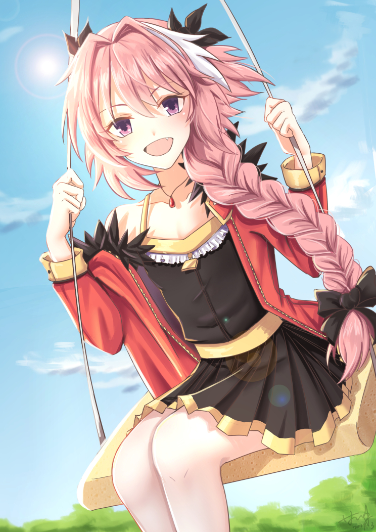 1boy alternate_costume astolfo_(fate) black_bow blue_sky bow braid clouds fang fate/apocrypha fate/grand_order fate_(series) fur_trim hair_bow hair_intakes jacket jewelry long_hair looking_at_viewer male_focus multicolored_hair open_mouth otoko_no_ko pendant pink_hair ribbon signature single_braid skirt sky smile solo streaked_hair sun swing tree violet_eyes yan_xiaoqi_vita zipper