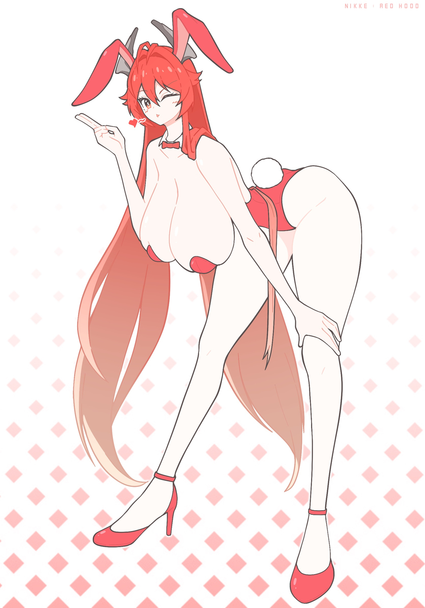 animal_ears bent_over bow bowtie breasts goddess_of_victory:_nikke high_heels highres huge_breasts long_hair one_eye_closed playboy_bunny rabbit_ears rabbit_tail red_eyes red_hood_(nikke) redhead tail white_background yoonsun