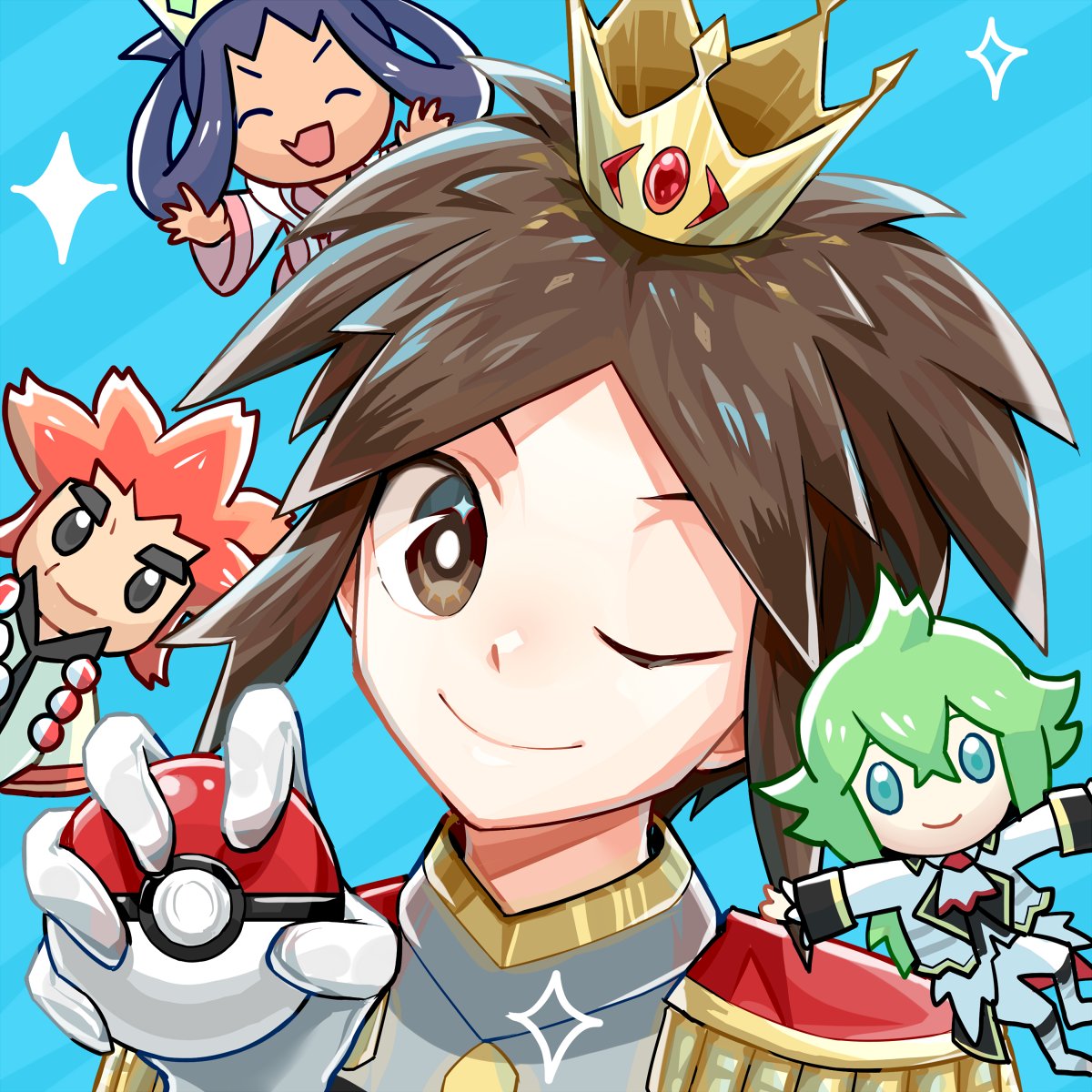 1girl 3boys ;) alder_(pokemon) blue_background bright_pupils brown_eyes brown_hair closed_mouth crown epaulettes ffccll gloves highres holding holding_poke_ball iris_(pokemon) jacket looking_at_viewer mini_crown mixed-language_commentary multiple_boys n_(pokemon) nate_(champion)_(pokemon) nate_(pokemon) official_alternate_costume one_eye_closed poke_ball poke_ball_(basic) pokemon pokemon_bw2 pokemon_masters_ex short_hair smile sparkle white_gloves white_pupils