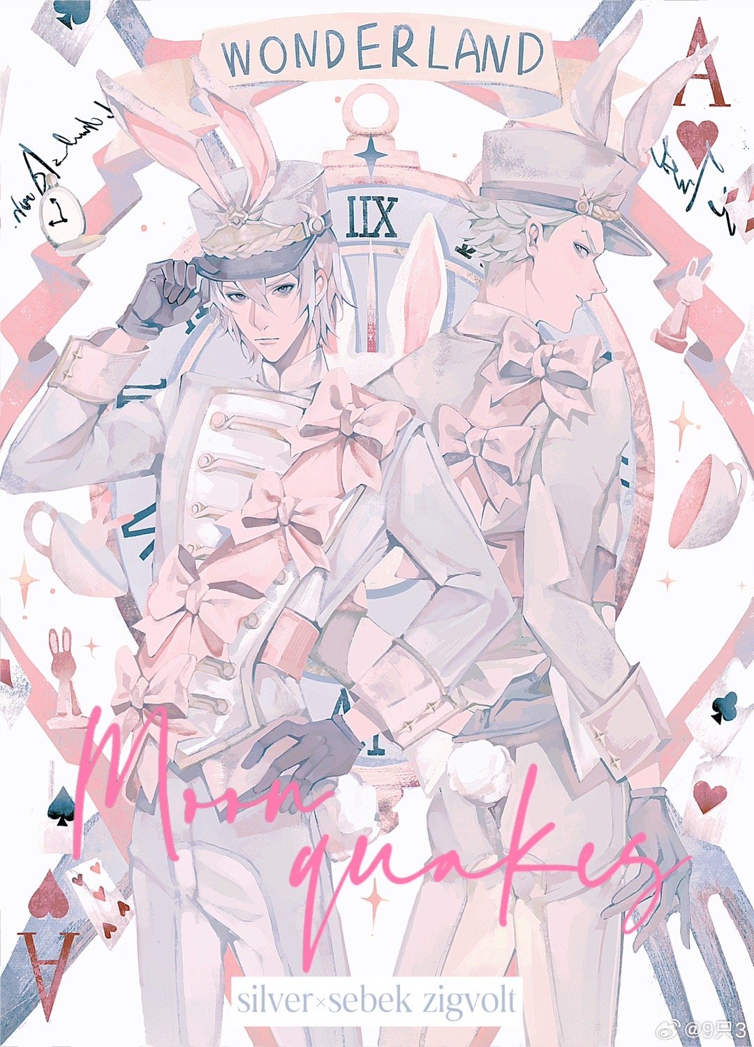 2boys 9_zhi_3 ace_(playing_card) ace_of_hearts adjusting_clothes adjusting_headwear alice_in_wonderland alternate_costume animal_ears artist_name black_gloves blue_eyes bow buttons card character_name chess_piece chinese_commentary clock club_(shape) commentary_request cosplay cup double-breasted expressionless fake_animal_ears floating_card fork four_of_diamonds four_of_hearts gloves grey_hair grey_headwear grey_jacket grey_pants hair_between_eyes hand_on_own_hip hat heart high_collar highres jacket knife looking_at_viewer looking_back male_focus multiple_boys oversized_object pale_color pants pink_bow pink_sash playing_card pocket_watch rabbit_ears rabbit_tail roman_numeral sash sebek_zigvolt shako_cap short_hair silver_(twisted_wonderland) simple_background sleeve_cuffs spade_(shape) standing tail teacup twisted_wonderland watch watermark weibo_logo weibo_username white_background white_rabbit_(alice_in_wonderland) white_rabbit_(alice_in_wonderland)_(cosplay)