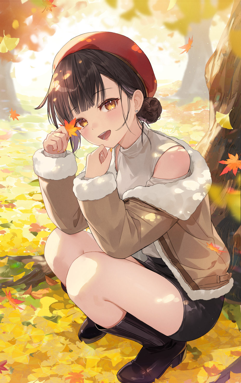 1girl :d autumn_leaves beret black_footwear black_headwear black_skirt boots brown_eyes brown_jacket clothing_cutout commentary_request day earrings fur-trimmed_jacket fur-trimmed_sleeves fur_trim ginkgo_leaf hair_bun hands_up hat heart heart_earrings highres holding holding_leaf jacket jewelry leaf long_sleeves looking_at_viewer maple_leaf nima_(niru54) off_shoulder open_clothes open_jacket original outdoors red_headwear shirt shoulder_cutout skirt sleeves_past_wrists smile solo squatting tree white_shirt