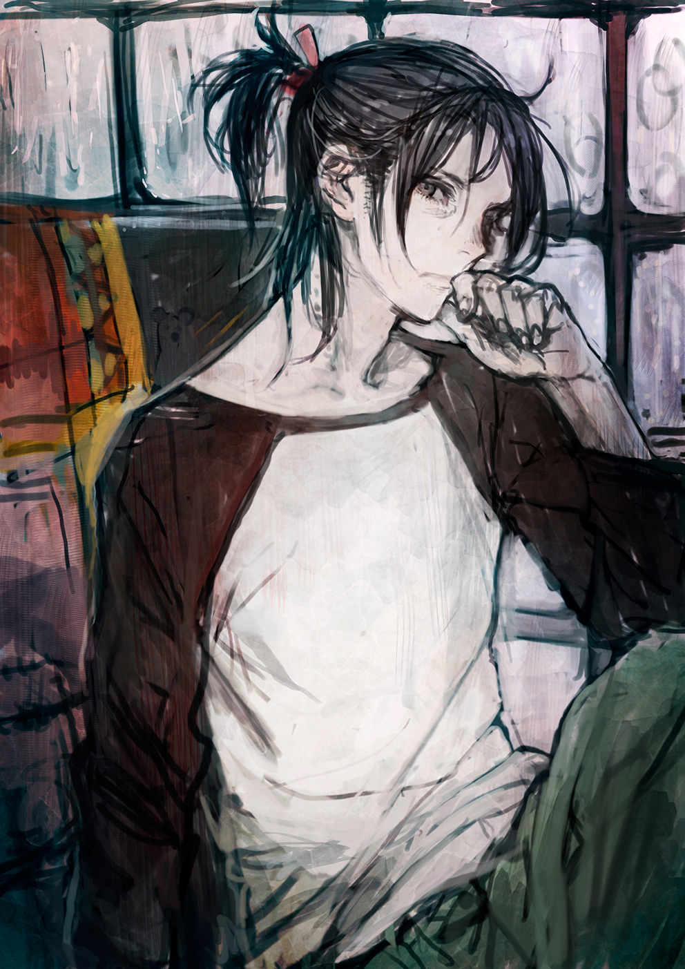 1boy black_hair commentary_request expressionless high_ponytail highres knee_up looking_at_viewer male_focus medium_hair nezumi_(no.6) no.6 profile sitting sketch solo toi8 upper_body violet_eyes window