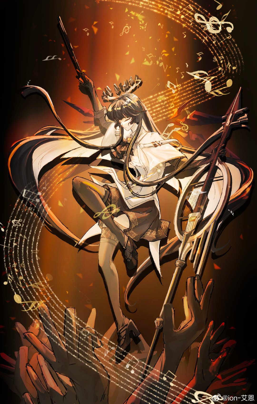 1girl absurdly_long_hair arknights arm_up artist_name ascot belt belt_buckle black_ascot black_background black_footwear black_gloves black_hair black_halo black_shirt black_skirt black_thighhighs black_wings blunt_bangs bow_(music) broken_halo buckle cello chinese_commentary chinese_text closed_eyes closed_mouth collared_jacket colored_inner_hair commentary_request dark_halo detached_wings drop_shadow energy_wings expressionless eyelashes facing_ahead floating floating_hair from_side full_body gloves gradient_background halo hand_up high_collar high_heels highres hime_cut holding holding_bow_(music) holding_instrument holding_violin instrument ion jacket knee_up layered_sleeves legs light_particles long_hair long_sleeves miniskirt mole mole_under_eye multicolored_hair multiple_hands musical_note orange_background pale_skin pleated_skirt shadow shirt short_over_long_sleeves short_sleeved_jacket short_sleeves sidelocks signature skirt solo spotlight staff_(music) straight_hair strappy_heels thigh-highs two-tone_hair very_long_hair violin virtuosa_(arknights) weibo_logo weibo_username white_belt white_hair white_jacket wide_sleeves wing_collar wings zettai_ryouiki