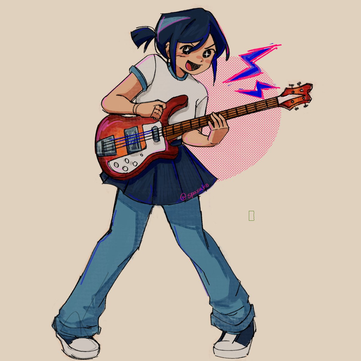 1girl :d artist_name bass_guitar black_eyes black_hair black_skirt blue_footwear blue_pants blue_shirt blush_stickers bracelet breasts brown_background circle commentary contrapposto denim english_commentary halftone halftone_background highres holding holding_instrument instrument jeans jewelry knives_chau lightning_bolt_symbol looking_ahead music open_mouth pants pants_under_skirt pigeon-toed playing_instrument scott_pilgrim_(series) scott_pilgrim_takes_off shirt short_hair short_ponytail short_sleeves signature simple_background skirt small_breasts smile solo sparkling_eyes spaxuko spread_legs t-shirt twitter_username two-tone_footwear two-tone_shirt white_footwear white_shirt