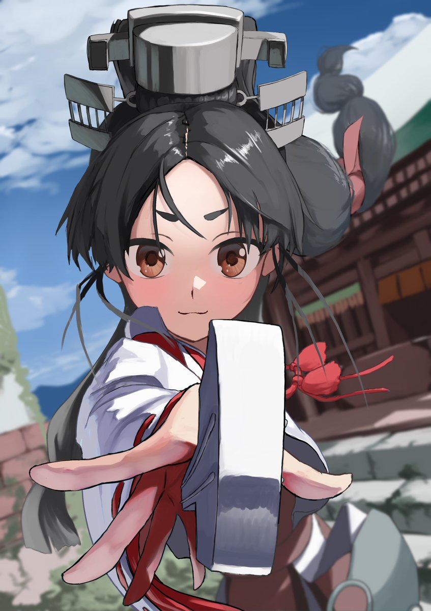 1girl black_hair blue_sky brown_eyes clouds commentary_request day foreshortening hair_tie high_ponytail highres japanese_clothes kantai_collection long_hair miko multi-tied_hair nisshin_(kancolle) outdoors red_ribbon ribbon sannsogyoraikai short_eyebrows shrine sky smile solo thick_eyebrows very_long_hair wide_sleeves