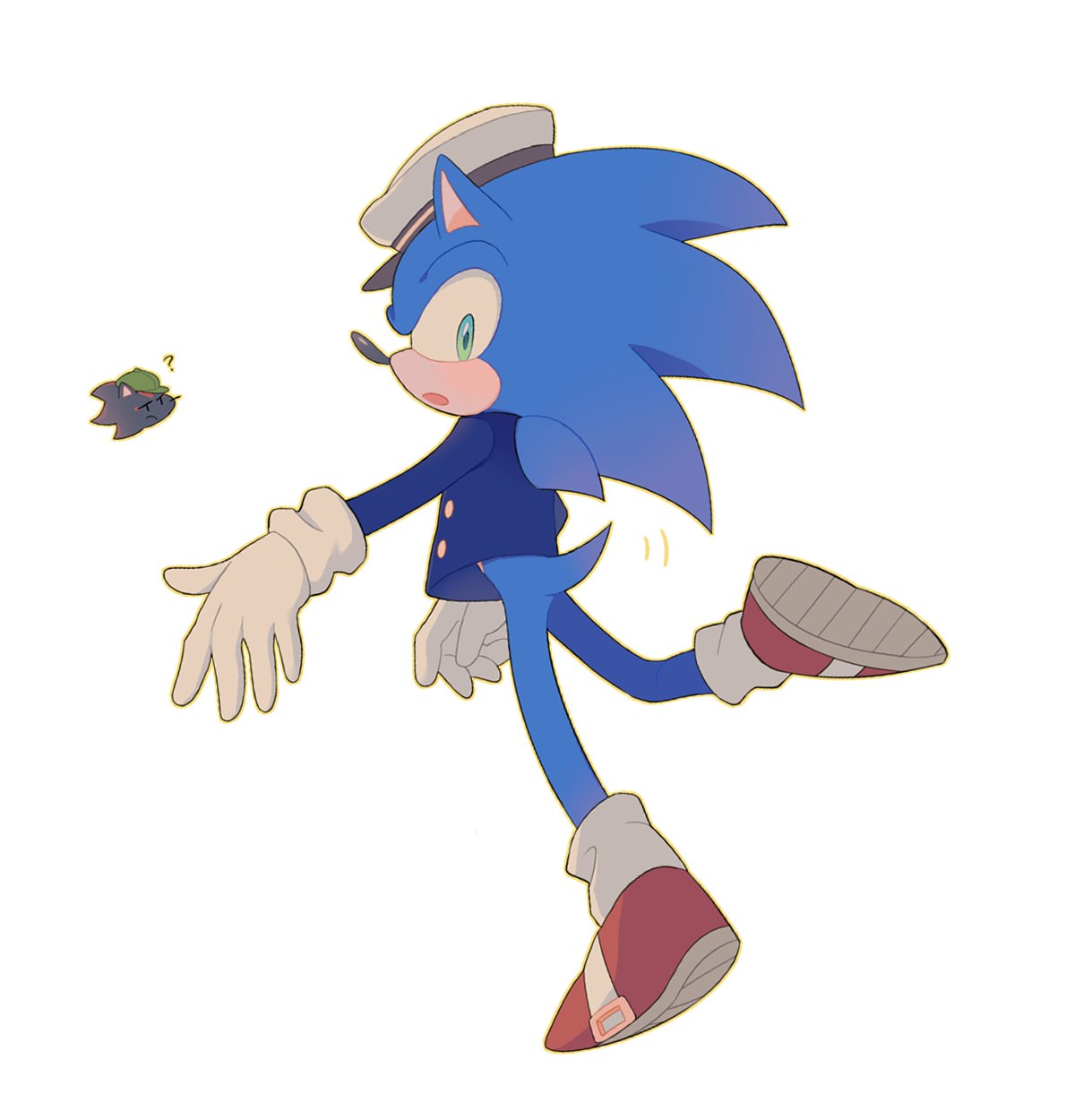 2boys ? animal_ears animal_nose blue_shirt buttons full_body furry furry_male gloves green_eyes hat highres long_sleeves male_focus mo0n_friend multiple_boys open_mouth peaked_cap red_footwear shadow_the_hedgehog shirt shoes simple_background solo sonic_(series) sonic_the_hedgehog tail the_murder_of_sonic_the_hedgehog white_background white_gloves white_headwear