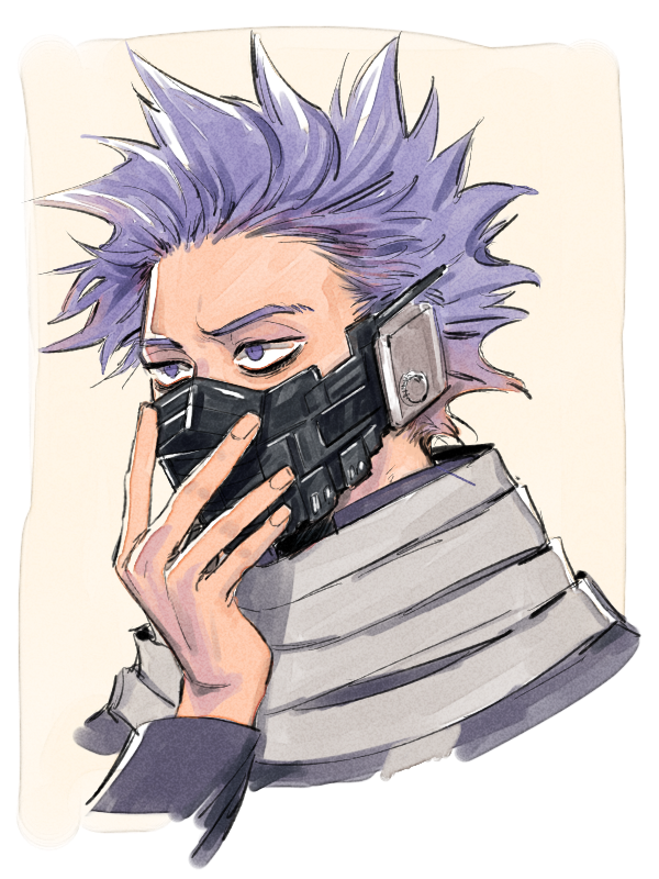 1boy bags_under_eyes boku_no_hero_academia border cropped_shoulders faux_traditional_media fingernails grey_scarf long_sleeves looking_ahead male_focus mask purple_hair rnuyvm scarf shinsou_hitoshi short_hair solo spiky_hair violet_eyes white_border