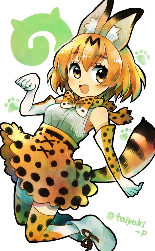 1girl animal_ear_fluff animal_ears armpits bare_shoulders bow bowtie breasts brown_eyes brown_gloves brown_hair cat_ears cat_tail doradorakingyo elbow_gloves extra_ears eyebrows eyelashes footwear_ribbon gloves japari_symbol kemono_friends looking_at_viewer open_mouth paw_pose paw_print print_bow print_bowtie print_skirt print_thighhighs serval_(kemono_friends) serval_print shirt simple_background skirt solo tail thigh-highs twitter_username white_background white_footwear white_shirt