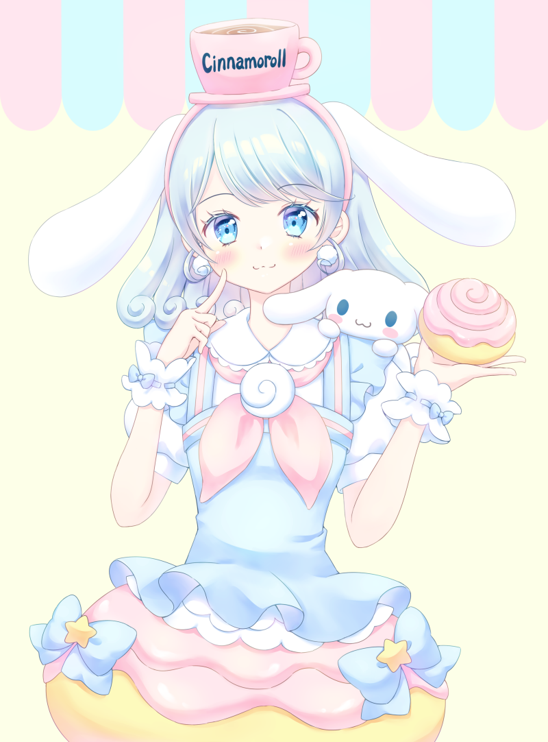 1girl :3 animal animal_ears animal_on_shoulder blouse blue_bow blue_eyes blue_hair blue_ribbon blush bow bubble_skirt cinnamon_roll cinnamoroll commentary cup curly_hair dog dog_ears dog_on_shoulder dress droopy_ears earrings food food-themed_clothes food-themed_hair_ornament frilled_shirt frilled_wrist_cuffs frills hair_ornament hands_up holding holding_food jewelry medium_hair neckerchief personification peter_pan_collar pink_headwear pink_neckerchief pointing pointing_at_self pointing_up pom_pom_(clothes) pom_pom_earrings ponfuta puffy_short_sleeves puffy_sleeves ribbon sanrio shirt short_sleeves simple_background skirt smile solo star_(symbol) suspender_skirt suspenders upper_body white_wrist_cuffs wrist_cuffs yellow_background