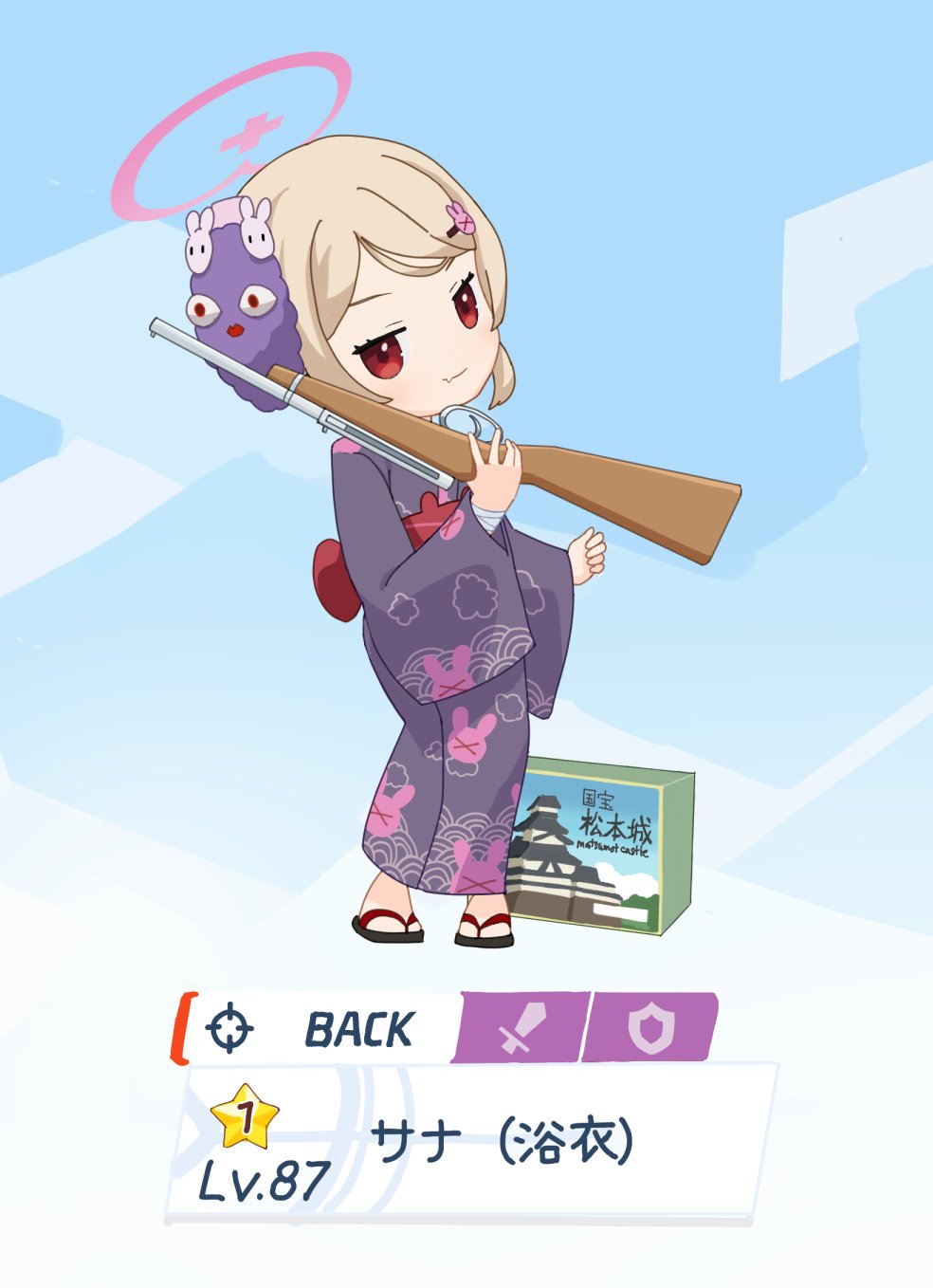1girl animal_print apron bandaged_wrist bandages blonde_hair blue_archive box cardboard_box closed_mouth commentary_request fake_screenshot fang full_body gameplay_mechanics gun hair_ornament halo highres holding holding_gun holding_weapon japanese_clothes kimono long_sleeves looking_at_viewer mask mask_on_head natori_sana parody pink_halo print_kimono purple_kimono rabbit_hair_ornament rabbit_print red_eyes red_sash rifle sana_channel sandals sash shield skin_fang smile solo standing star_(symbol) sword tkmrrr9 translation_request user_interface virtual_youtuber weapon wide_sleeves yukata