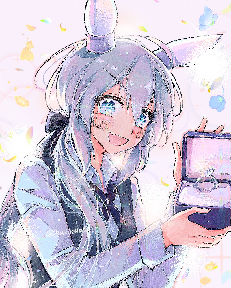 1girl animal_ears blue_bow blue_eyes blue_vest blush bow box breasts cherrydeswa collared_shirt commentary_request ear_covers falling_petals fang flower grey_hair hair_between_eyes holding holding_box horse_ears horse_girl jewelry long_hair looking_at_viewer open_mouth petals ring ring_box shirt small_breasts smile solo tamamo_cross_(umamusume) twitter_username umamusume vest wedding_ring white_shirt