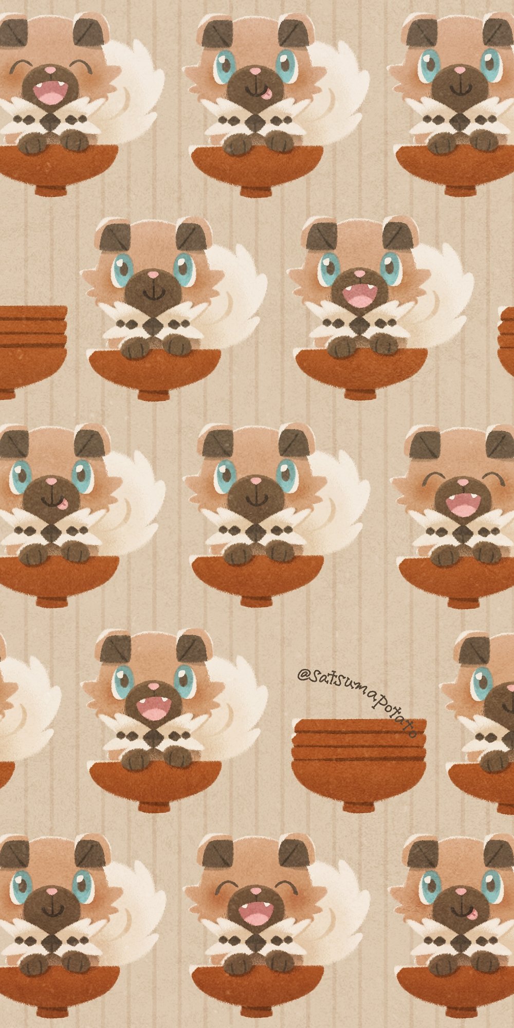:d animal_focus artist_name blue_eyes closed_mouth commentary_request dog fang full_body highres looking_at_viewer no_humans open_mouth patterned pokemon pokemon_(creature) rockruff satsumapotato smile straight-on tongue tongue_out twitter_username