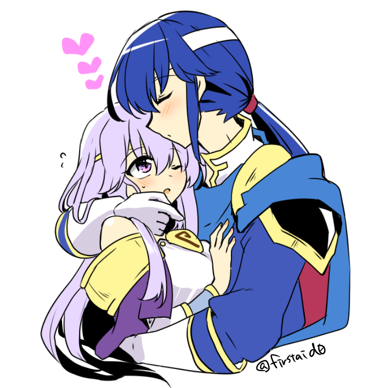 1boy 1girl blue_cape blue_hair brother_and_sister cape circlet fire_emblem fire_emblem:_genealogy_of_the_holy_war hand_on_another's_chest headband heart hug implied_incest incest jewelry julia_(fire_emblem) one_eye_closed ponytail purple_cape purple_hair seliph_(fire_emblem) siblings simple_background violet_eyes white_headband yukia_(firstaid0)