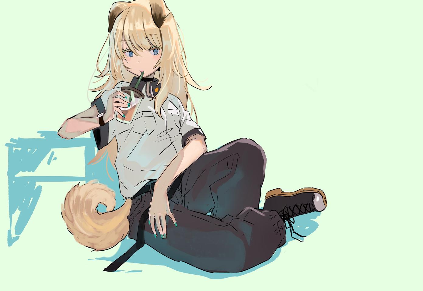 1girl alternate_costume animal_ears belt black_belt black_footwear black_pants blonde_hair blue_eyes closed_mouth collared_shirt commentary_request cup disposable_cup dog_ears dog_tail drinking drinking_straw drinking_straw_in_mouth full_body green_nails grey_background holding holding_cup kmnz leaning_on_object long_hair looking_at_viewer mc_lita nail_polish pants seimannu shirt shoes short_sleeves sitting sneakers solo tail virtual_youtuber white_shirt