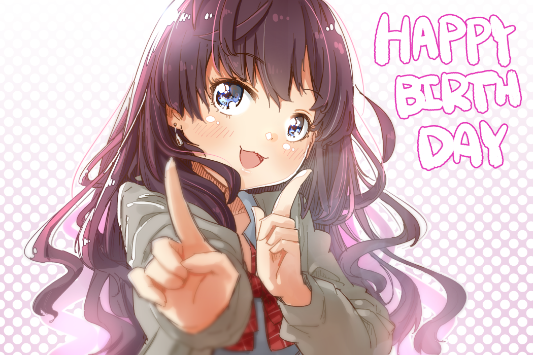 1girl :d black_hair blue_eyes blush bow commentary_request gradient_background grey_jacket happy_birthday ichinose_shiki idolmaster idolmaster_cinderella_girls index_fingers_raised jacket koi_dance long_hair looking_at_viewer open_clothes open_jacket outstretched_arm plaid plaid_bow polka_dot polka_dot_background purple_background red_bow shirt smile solo upper_body very_long_hair white_background white_shirt yukie_(kusaka_shi)