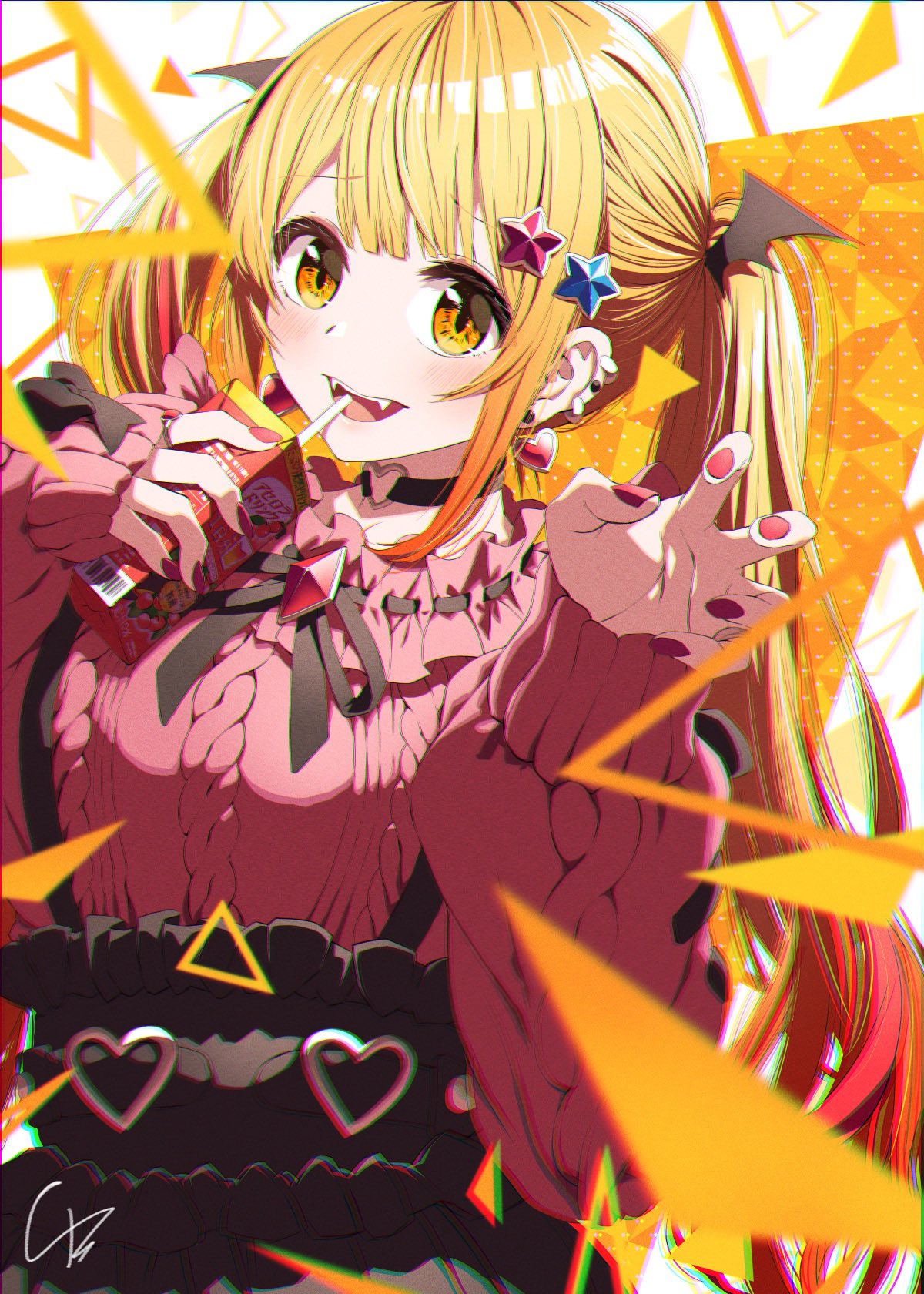 1girl 4b-enpitsu black_choker blonde_hair blush choker chromatic_aberration claw_pose commentary_request drinking_straw drinking_straw_in_mouth fangs film_grain hair_ornament heart heart_choker highres hololive jewelry jirai_kei long_hair long_sleeves looking_at_viewer nail_polish official_alternate_costume open_mouth purple_nails purple_sweater ring sidelocks signature sleeves_past_wrists solo star_(symbol) star_hair_ornament sweater teeth twintails upper_body upper_teeth_only virtual_youtuber yellow_eyes yozora_mel yozora_mel_(jirai_kei)