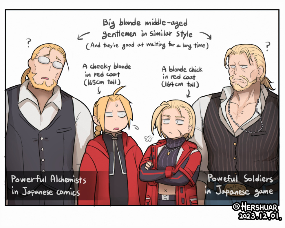 1girl 3boys ? ahoge beard blonde_hair braid cammy_white coat commentary comparison crossed_arms edward_elric english_commentary english_text facial_hair father_and_son fullmetal_alchemist glasses guile hershuar jewelry multiple_boys necklace puff_of_air red_coat street_fighter street_fighter_6 van_hohenheim vest x_navel