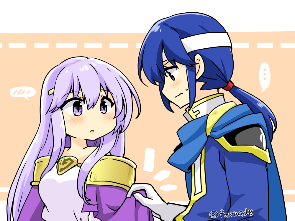 1boy 1girl blue_cape blue_eyes blue_hair brother_and_sister cape circlet dress fire_emblem fire_emblem:_genealogy_of_the_holy_war headband julia_(fire_emblem) looking_at_another ponytail purple_hair seliph_(fire_emblem) siblings simple_background violet_eyes white_headband yukia_(firstaid0)