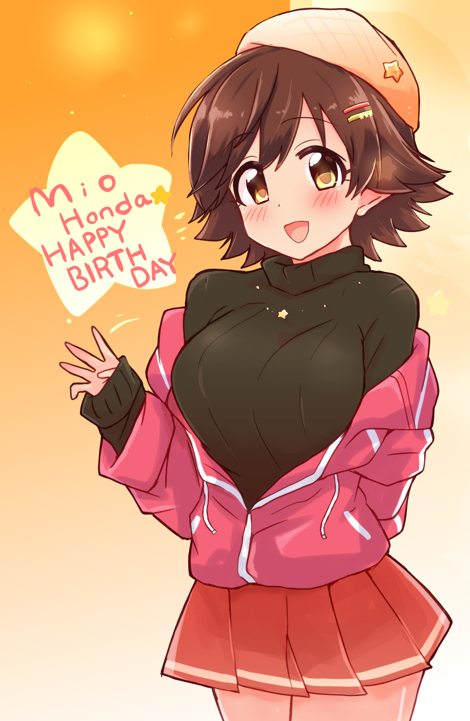 1girl black_sweater blush breasts brown_eyes brown_hair hair_ornament happy_birthday highres honda_mio idolmaster idolmaster_cinderella_girls jacket jewelry medium_breasts necklace open_clothes open_jacket open_mouth partially_unzipped pink_jacket short_hair skirt smile solo star_(symbol) star_necklace sweater tong_(freedom2000) turtleneck turtleneck_sweater
