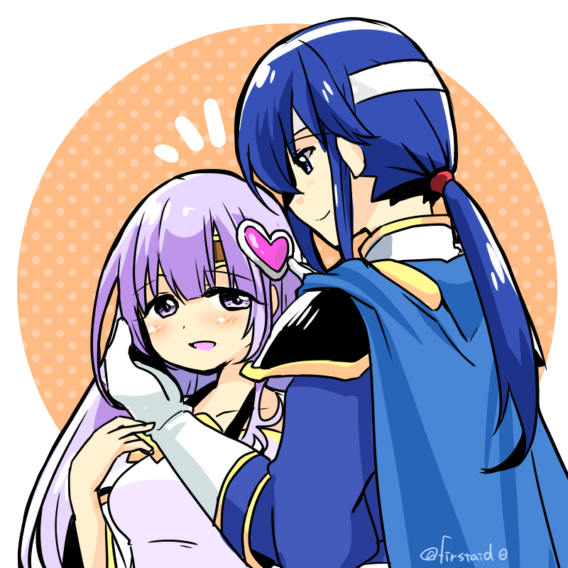 1boy 1girl blue_cape blue_hair brother_and_sister cape circlet dress fire_emblem fire_emblem:_genealogy_of_the_holy_war hair_ornament headband holding implied_incest julia_(fire_emblem) open_mouth ponytail purple_hair seliph_(fire_emblem) siblings simple_background smile violet_eyes white_headband yukia_(firstaid0)