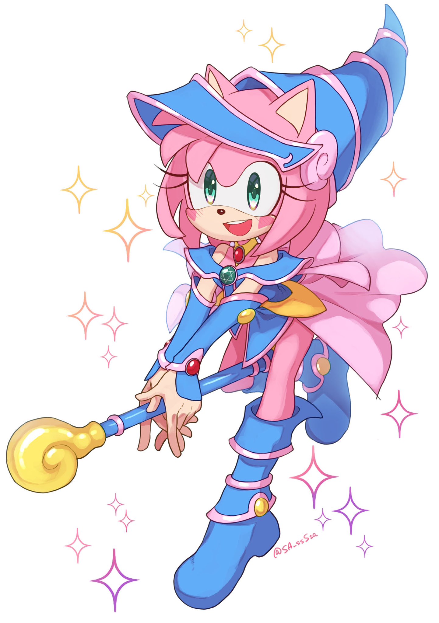 1girl alternate_costume amy_rose animal_ears artist_name bare_shoulders blue_footwear blue_headwear blue_shirt blue_sleeves boots brooch cosplay dark_magician_girl dark_magician_girl_(cosplay) detached_sleeves full_body furry furry_female green_eyes hexagram highres jewelry konjiki_ringo looking_at_viewer open_mouth pink_skirt shirt simple_background skirt solo sonic_(series) star_of_david teeth upper_teeth_only white_background yu-gi-oh!