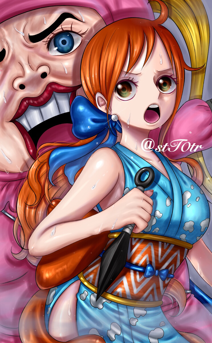 2girls artist_name bare_shoulders blonde_hair blue_eyes blue_ribbon commentary_request earrings hair_ribbon highres holding holding_weapon jewelry kunai lips lipstick long_hair low_ponytail makeup multiple_girls nami_(one_piece) official_alternate_costume one_piece open_mouth orange_hair pearl_earrings ponytail red_lips ribbon shinobu_(one_piece) stt0tr teeth twintails weapon