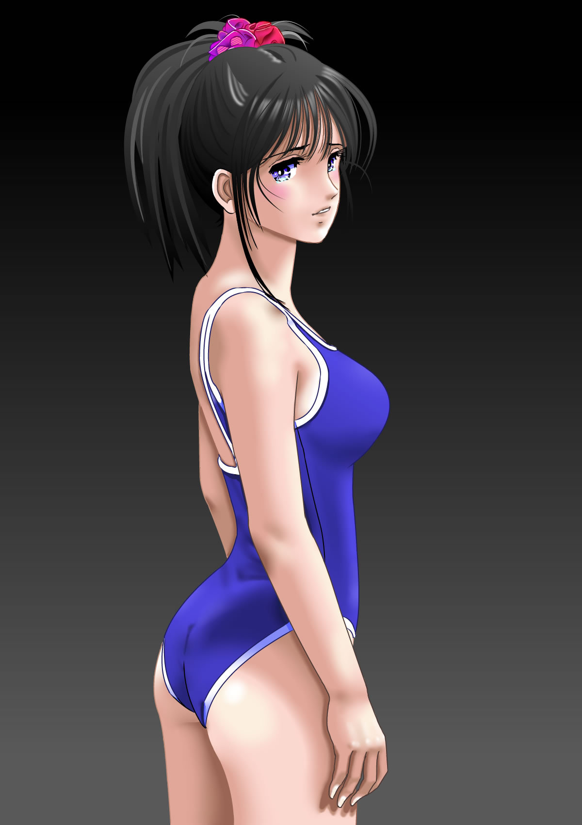 black_hair blue_eyes far highres long_hair looking_back one-piece_swimsuit original ponytail solo swimsuit