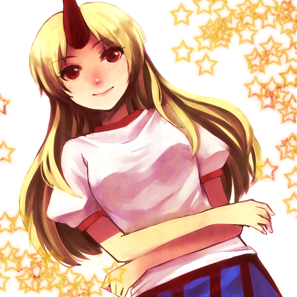 74_(teduka) blonde_hair crossed_arms dutch_angle face horn horns hoshiguma_yuugi lips nose_blush red_eyes short_sleeves smile solo star starry_background t-shirt touhou