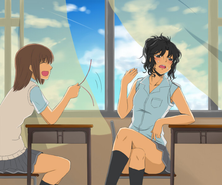 2girls amagami classroom cloud crossed_legs hot messy_hair multiple_girls sitting sky sweat tanaka_keiko tanamachi_kaoru toki_(artist) wind window
