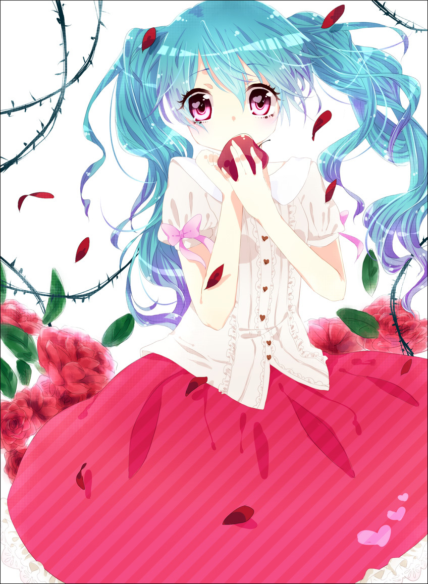 apple aqua_hair bow flower food fruit hatsune_miku heart heart_eyes holding holding_fruit long_hair namaito petals pink_eyes rose shiroi_yuki_no_princess_wa_(vocaloid) skirt solo symbol-shaped_pupils thorns twintails vocaloid