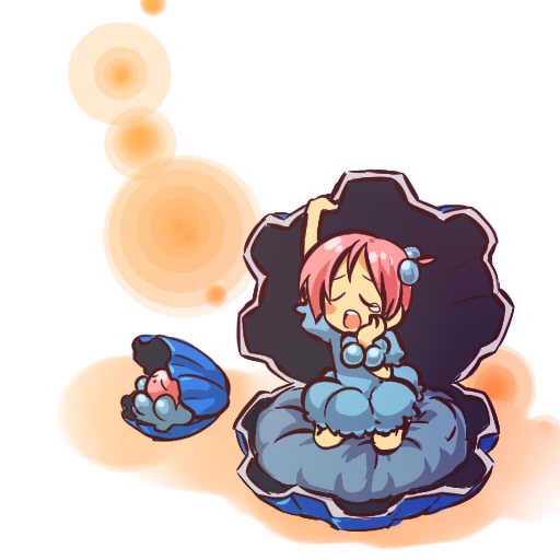 1girl blush_stickers bracelet clamperl closed_eyes dress hair_bobbles hair_ornament hitec jewelry kneeling moemon open_mouth personification pink_hair pokemon pokemon_(creature) pokemon_(game) pokemon_rse shell short_hair solo tears