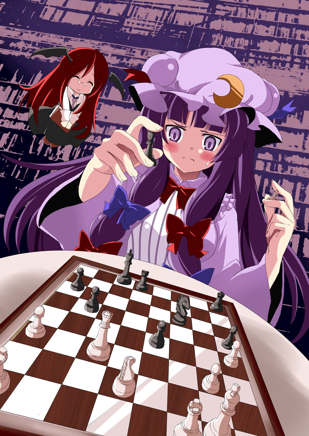 bat_wings be_(o-hoho) bespectacled blush book bow bowtie chess chibi closed_eyes dress flying glasses hair_bow hair_ribbon hat head_wings highres koakuma long_hair multiple_girls patchouli_knowledge purple_eyes purple_hair red_hair redhead ribbon sweat touhou violet_eyes wings