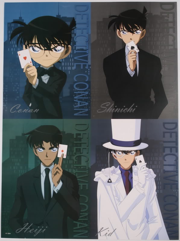 blue_eyes card detective_conan edogawa_conan glasses hat hattori_heiji holding holding_card kaito_kid kudou_shin'ichi kudou_shinichi male multiple_boys short_hair smile