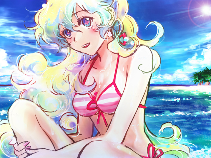 bikini breasts cleavage front-tie_top lens_flare long_hair multicolored_hair nia_teppelin side-tie_bikini sitting solo striped striped_bikini striped_swimsuit swimsuit symbol-shaped_pupils taira_momen tengen_toppa_gurren_lagann