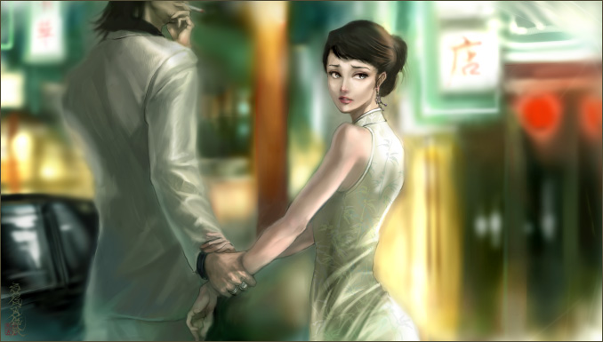 bare_shoulders blur china_dress chinese_clothes cigarette earrings formal hand_grab holding lipstick looking_back ring sad sanatakeda