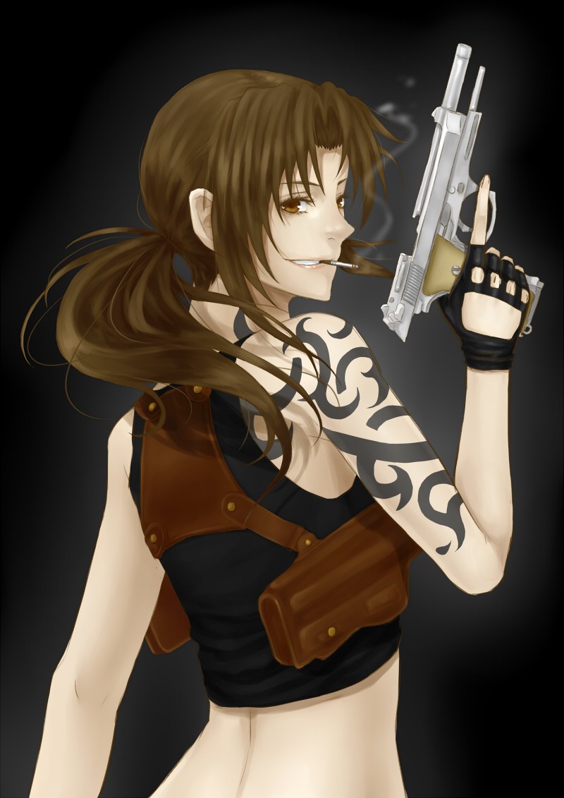 au beretta_92 black_lagoon brown_eyes brown_hair cigarette fingerless_gloves gloves grin gun handgun holster locked_slide long_hair looking_back pistol ponytail revy smile smoking solo tattoo trigger_discipline weapon